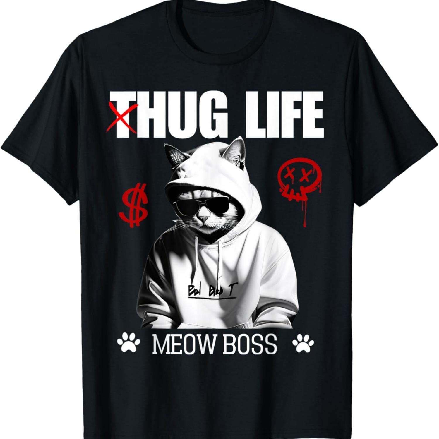 Cute Cat Hug Life Funny Thug Gangster Hiphop Kitten Lovers T-Shirt for Men Women S чёрный
