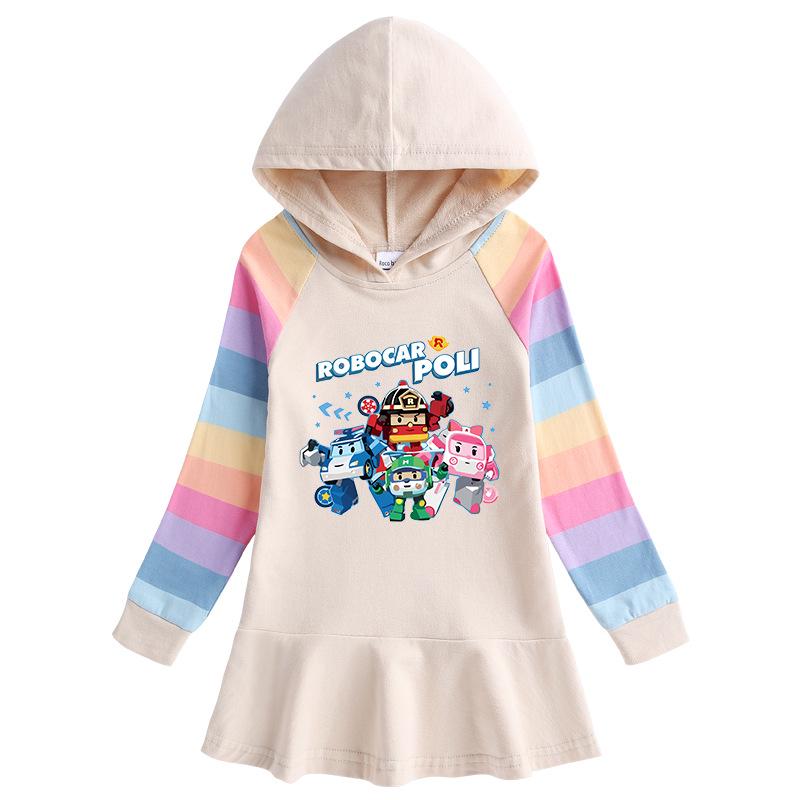 Spring & Autumn Ruffle Cartoon Rainbow Hooded Long Sleeve Princess Dress for Girls