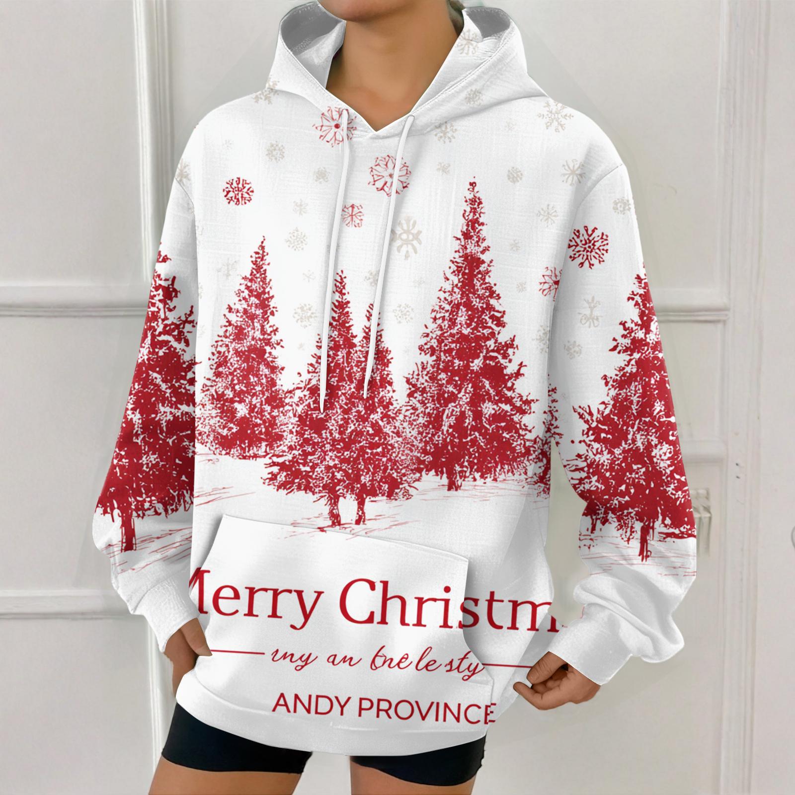 

Женская модная толстовка с рождественским принтом, повседневная толстовка с капюшоном и карманами XL красный
