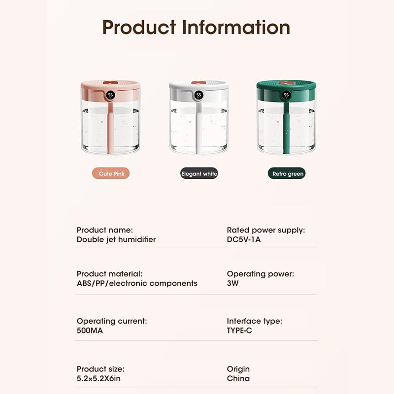 Niye Hotselling 2LDouble Nozzle Air Humidifier with LCD Humidity Display Large Capacity Aroma Essential Oil Diffuser for Bedroom
