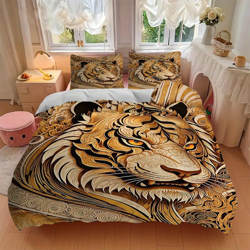 3pcs Tiger Art Print Duvet Cover Set - Machine Washable, Includes 1 Cover and 2 Pillowcases, No Core Included yy251013052