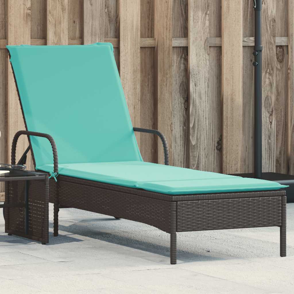 Sun Lounger with Wheels and Cushions Black Poly Rattan
