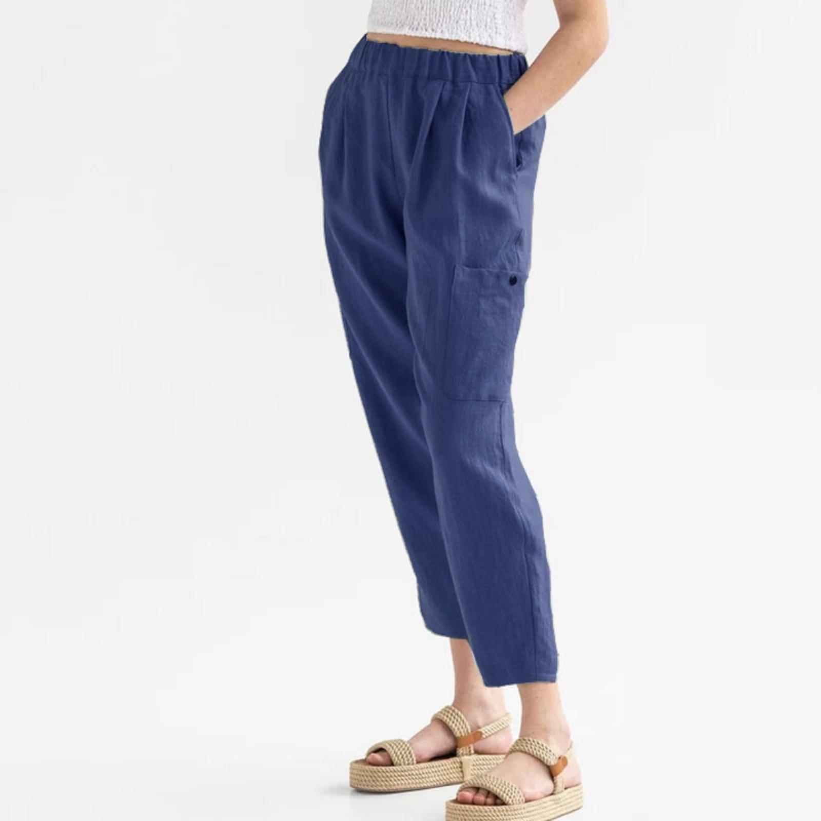 Women s Casual Loose Elastic Waist Wide Leg Cropped Pants With Pocket Cotton And Linen Cropped Pants L