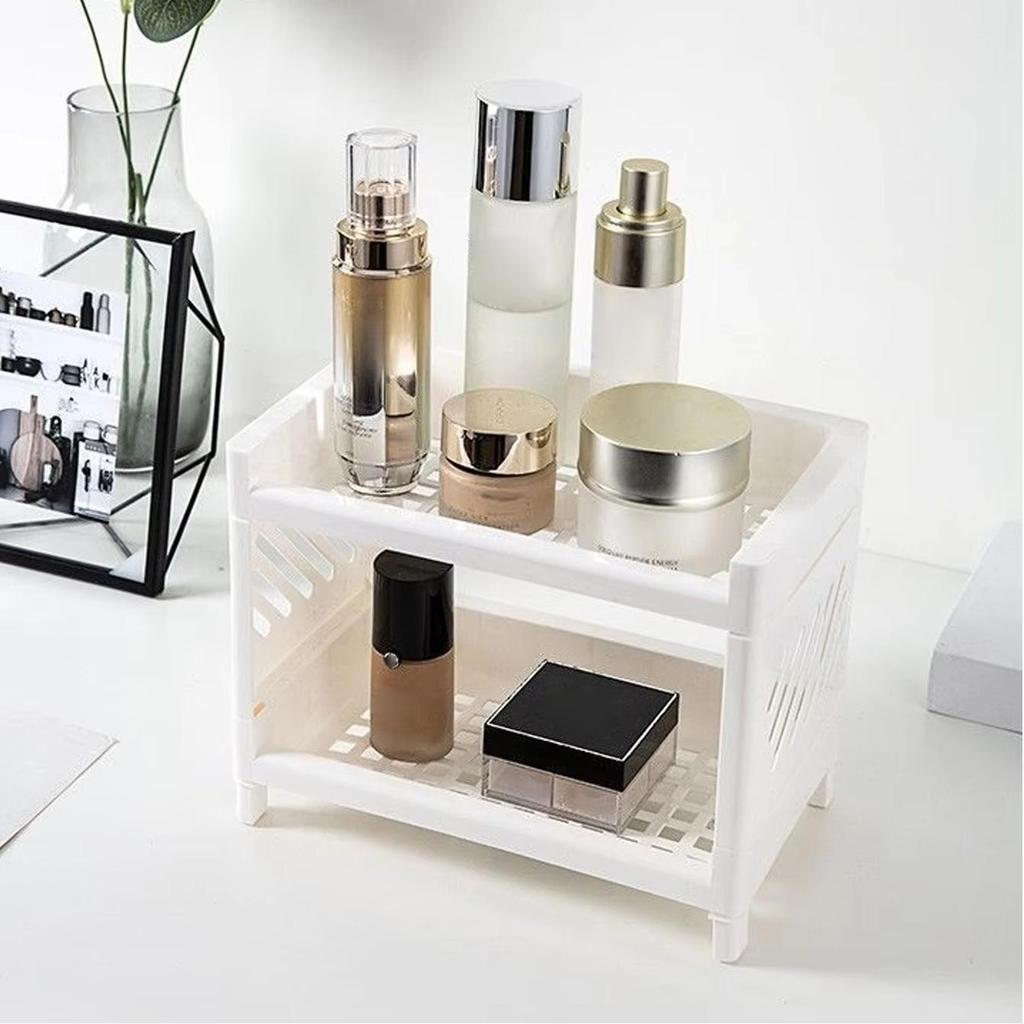 1PC PP Desktop Double Layer Storage Rack Rectangular White Organizing Student Desk Office Cosmetics Stationery