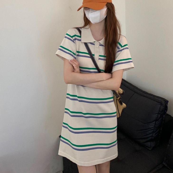 Women's Striped Summer Polo Dress - Loose Knit Bell-Sleeve Design