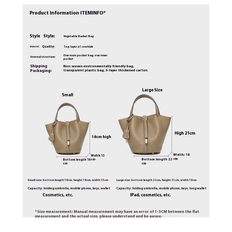 First Layer Cowhide Niche Handbag High Version Vegetable Basket Bag Genuine Leather Large Capacity High-end Sense Exquisite Bucket Bag