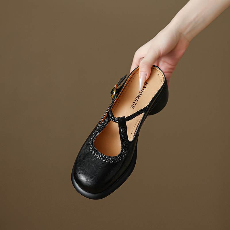 Krazing Pot Cow Skin Round Toe Size 42 Thick Round Med Heels Slip on Platform Mules Gladiator Autumn Pumps