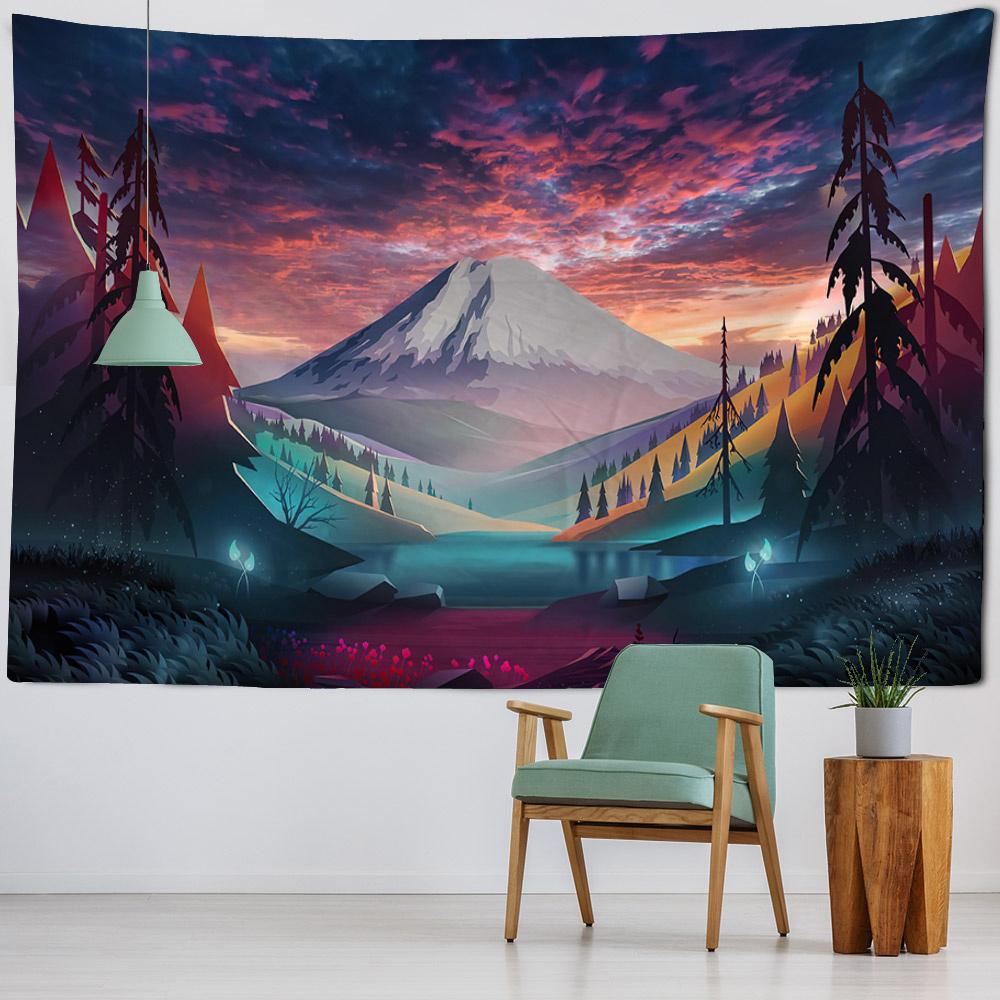 Colorful Landscape Illustration Tapestry Wall Art Decoration Dreamy Forest Mountain Bedroom Living Room Hippie Home Decoration