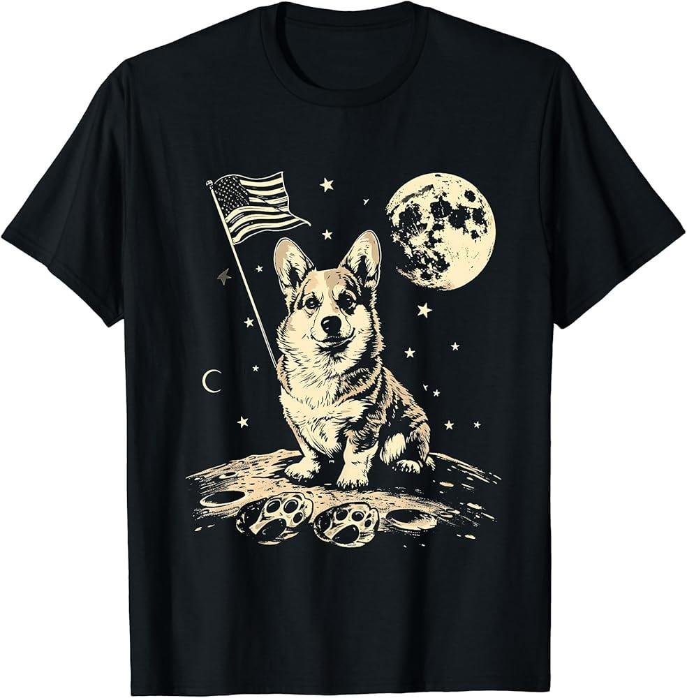 Corgi on the Moon American Flag Space Adventure Tee TShirt Unisex T-Shirt S