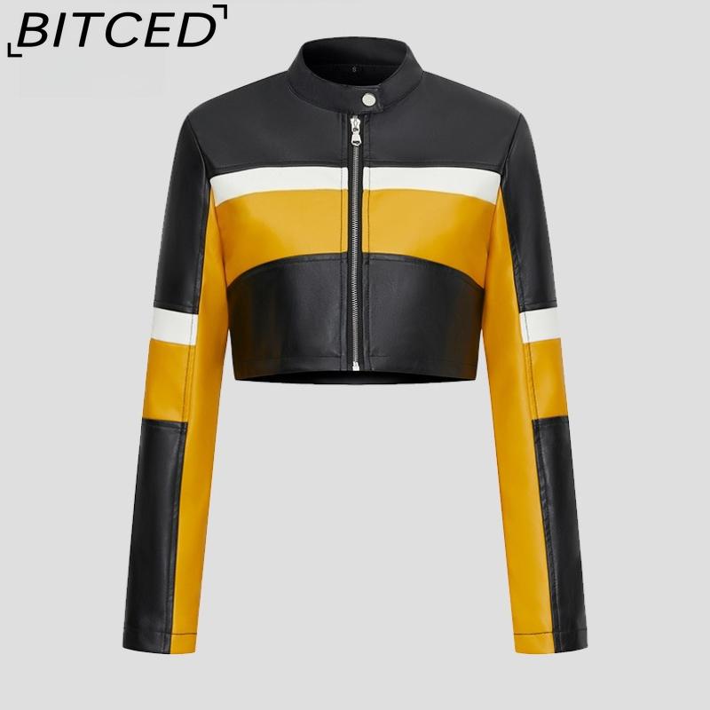 

BITCED PU Leather Contrast-Colour Patchwork Sexy Leather Jacket, Stand Collar, Slim-Fit Cropped Style, Trendy Biker Jacket for Women XL