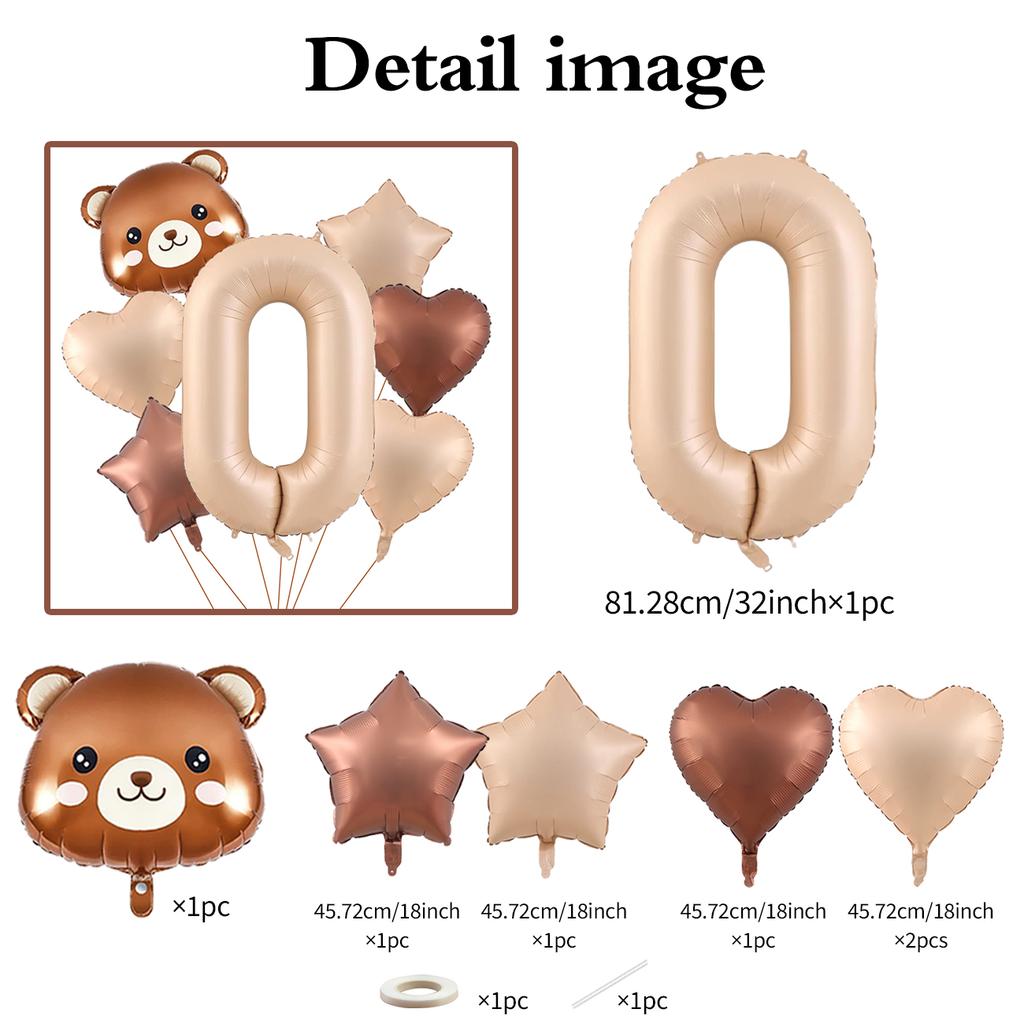 7pcs Cute Bear Balloon Set with 32 Inch Caramel Digital Aluminum Foil Balloon for Birthday Party Decoration Baby Shower Supplies