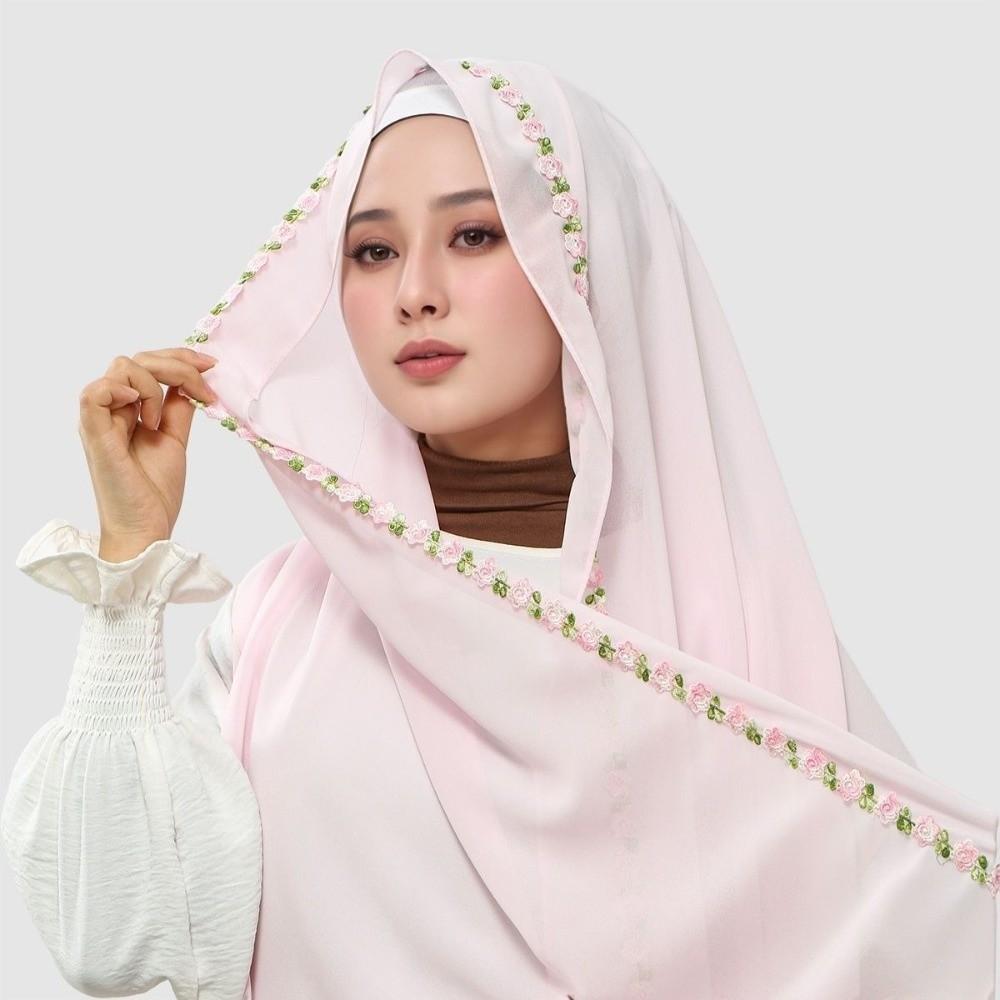 Solid Color Chiffon Hijab Elegant Turban Headscarf Soft Rose Embroidered Shawl Prayer