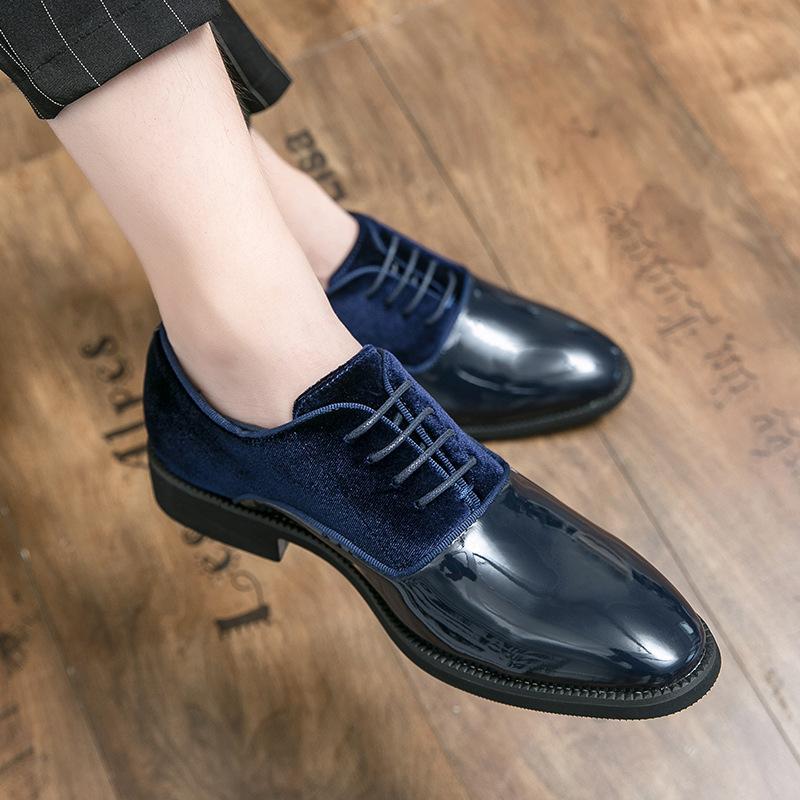 Round Head British Style Business Dress Splicing Leather Shoes Spring and Autumn Men's Height Increase Wedding Groom Derby Shoes