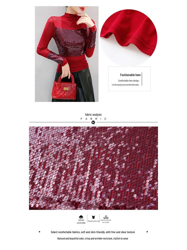 European Style 2024 Sequin Slim Fit Long Sleeve T-shirt for Women