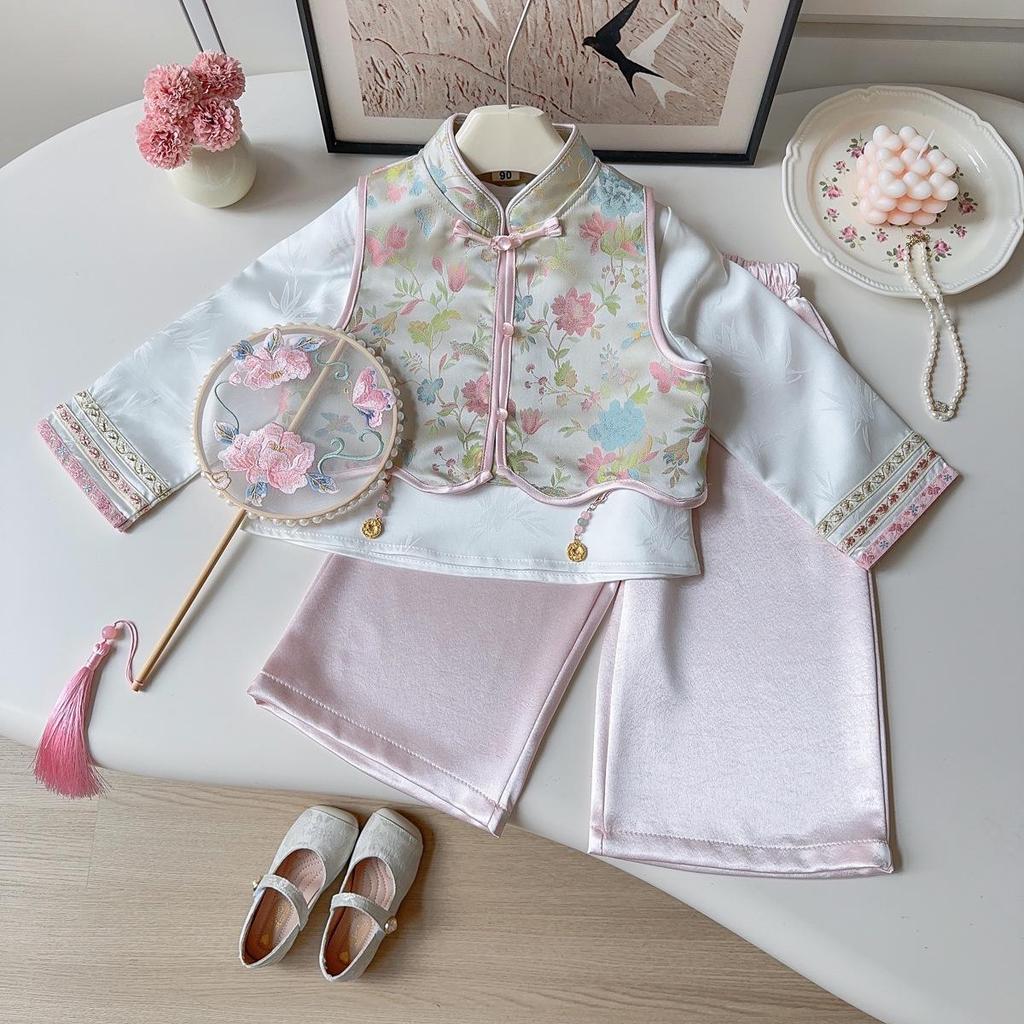 Girls' Ancient Hanfu Spring/Autumn Three-Piece Set: Chinese Style Baby Shirt, Vest, and Long Pants