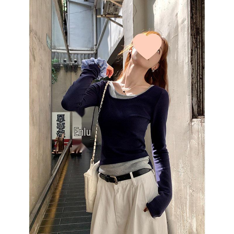 Women's Slim-Fit U-Neck Dark Blue Two-Piece Look Long-Sleeve T-Shirt - Korean Style Autumn