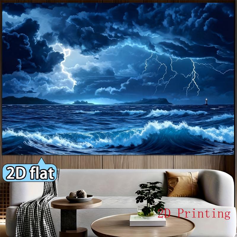 2D Flat Party Backdrop Banner - Deep Blue Ocean Lightning Storm Scene, Polyester Photo Background for Wedding, Birthday & Graduation Decor