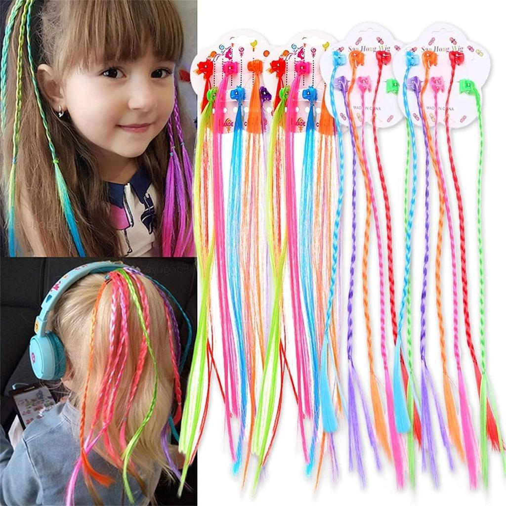 6Pcs/Set Colorful Rainbow Braided Hair Extensions with Clips Girls Ponytail Hairpieces Kids Hair Accessories
