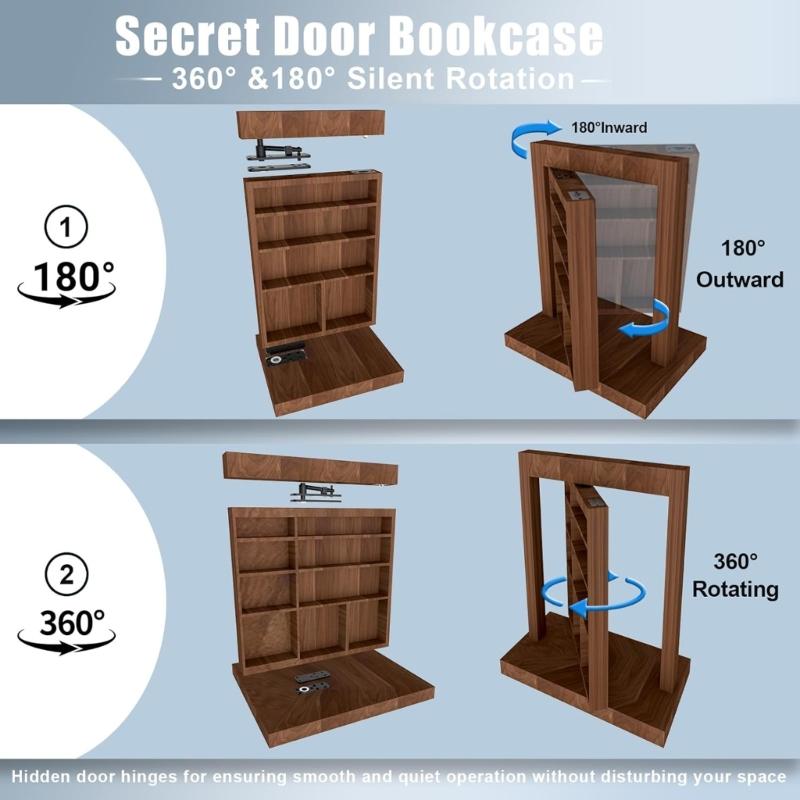 360 Degree Quiet Pin Hinge Set High Load Capacity Concealed Hinge System with Installation for Murphy Bookcase Door