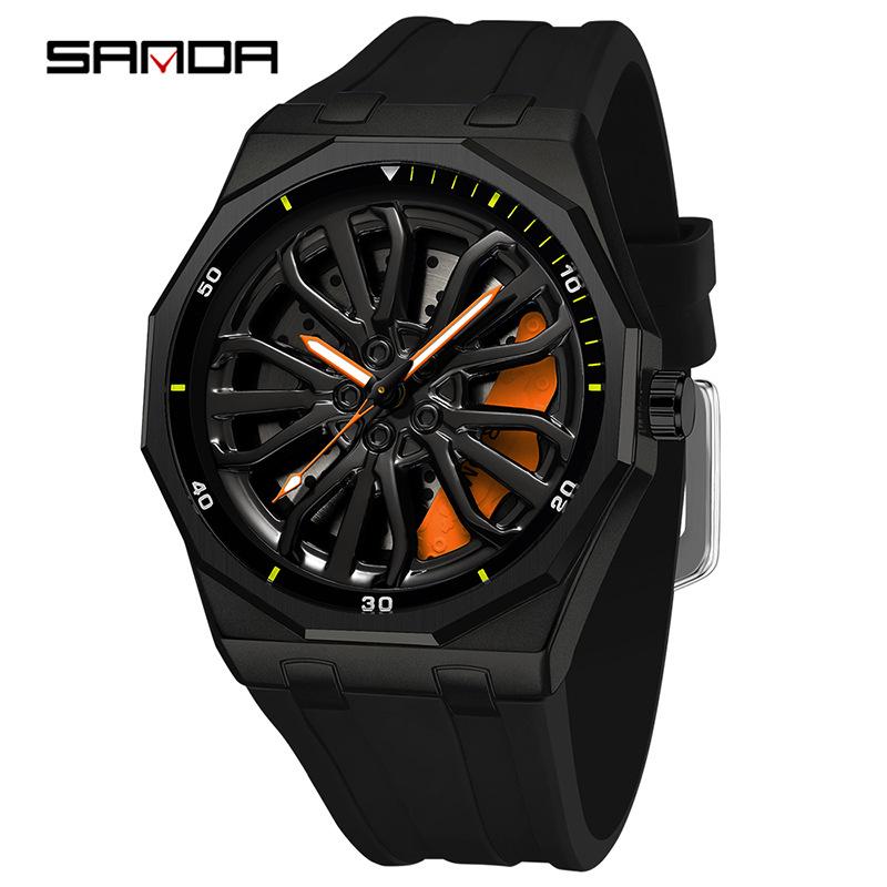 Sanda Men's Waterproof Alloy Car Wheel Design Silicone Wristwatch