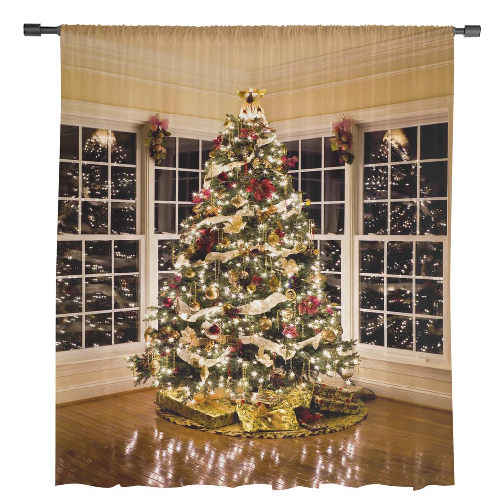 Christmas Tree Lights Christmas Theme Tulle Curtains For Living Room Decoration Modern Chiffon Sheer Voile Christmas Curtains
