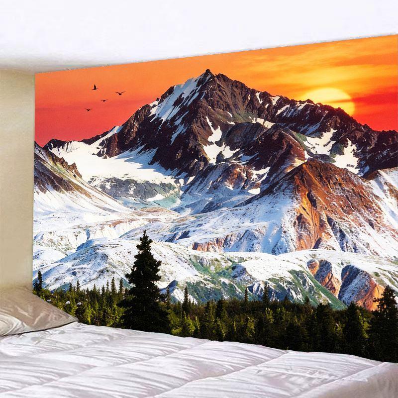 Sunset Mountain Tapestry?- Snowy Peaks Pine Forest Wall Hanging Decor