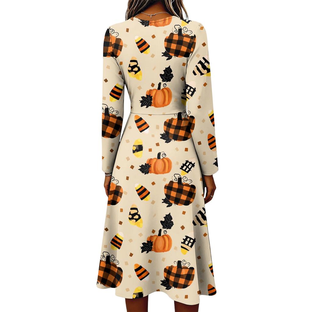 Women's Halloween Print V-Neck Long Sleeve Casual Dress with Pockets