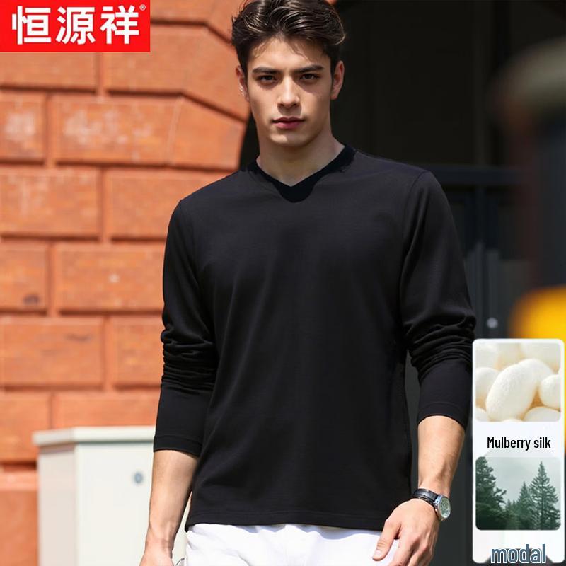Men's Mulberry Silk Blend V-Neck Long-Sleeve T-Shirt