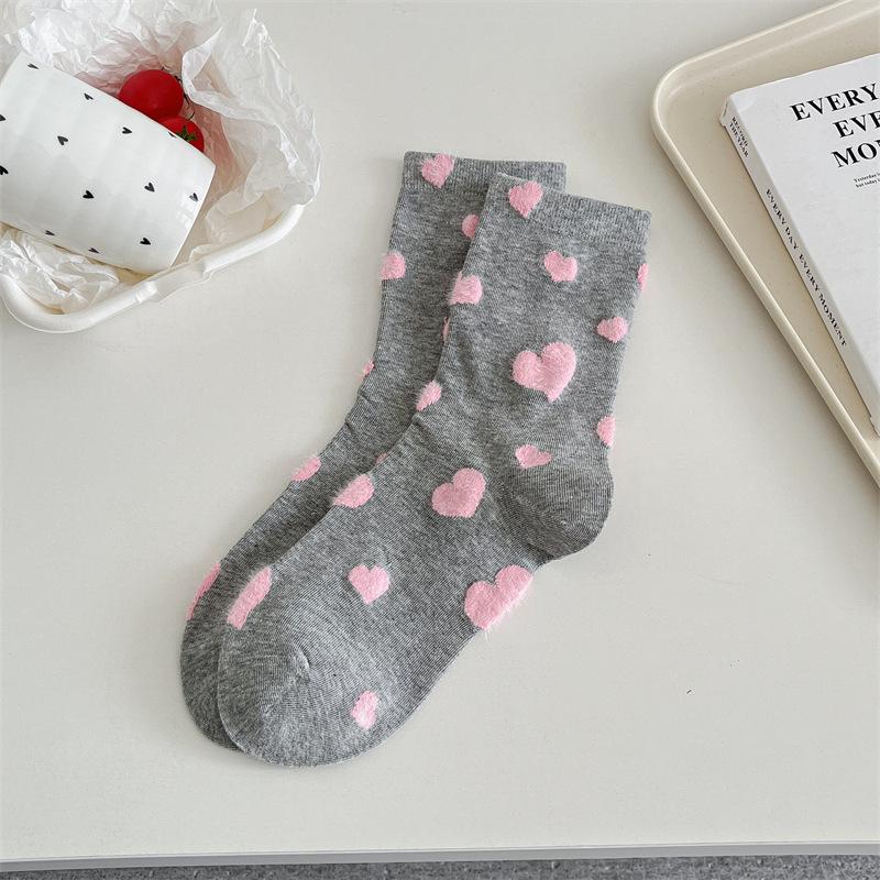 

Женские гольфы до середины икры для весны и лета Влагопоглощающие, флокированные носки в горошек в форме сердечек с милым цветовым контрастом и в школьном стиле 1 pair