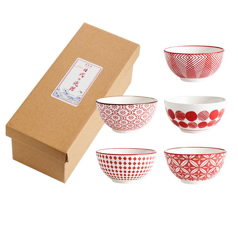 Set of 5 Bowls Ceramic Dinner Bowls 4.5inch Blue Porcelain Rice Soup Oatmeal Bowl with Gift Box Microwave Safe