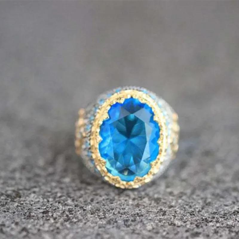 Squisito anello rotondo intarsiato con pietra blu e zircone blu cielo, anelli di fidanzamento in metallo bicolore, anelli di nozze per donne e uomini