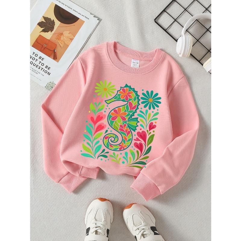 Kids Crewneck Sweatshirt, Colorful Floral Seahorse Creative Print,Daily Casual Top for Spring & Autumn