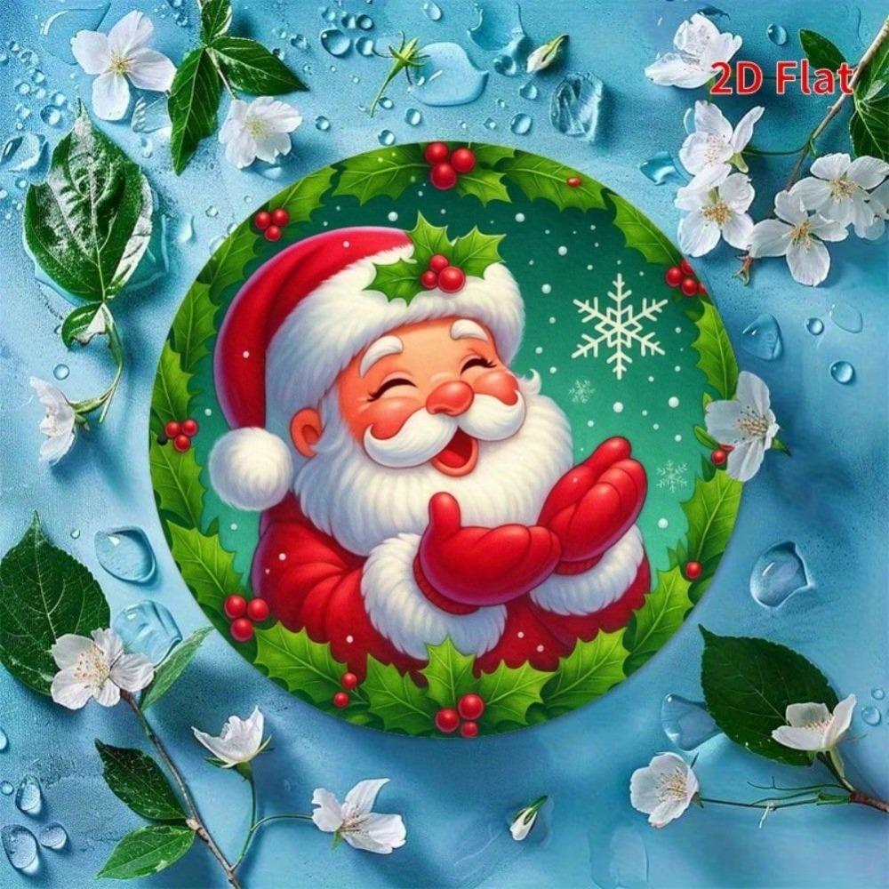 Vintage Santa Claus Teal Round Metal Wall Art Christmas Gift Cookies Holiday Decoration 7.8 Inch Indoor Home Office Party Decor