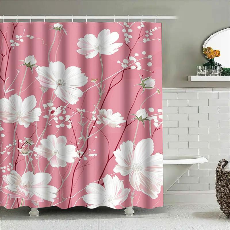 Pink White Flower Bath Shower Curtain Waterproof Bathroom Decor Home Decoration