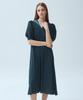 Waiowai Contrast Collar Puff Sleeve Pleated Long Dress_2 Colors