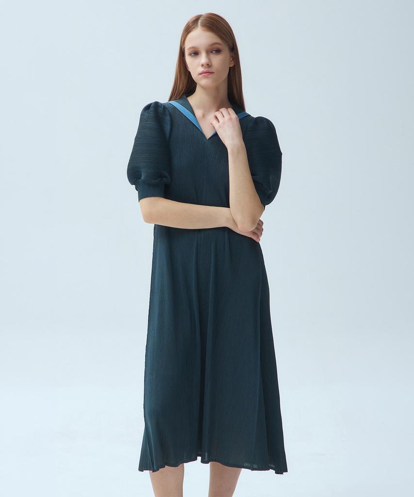 Waiowai Contrast Collar Puff Sleeve Pleated Long Dress_2 Colors