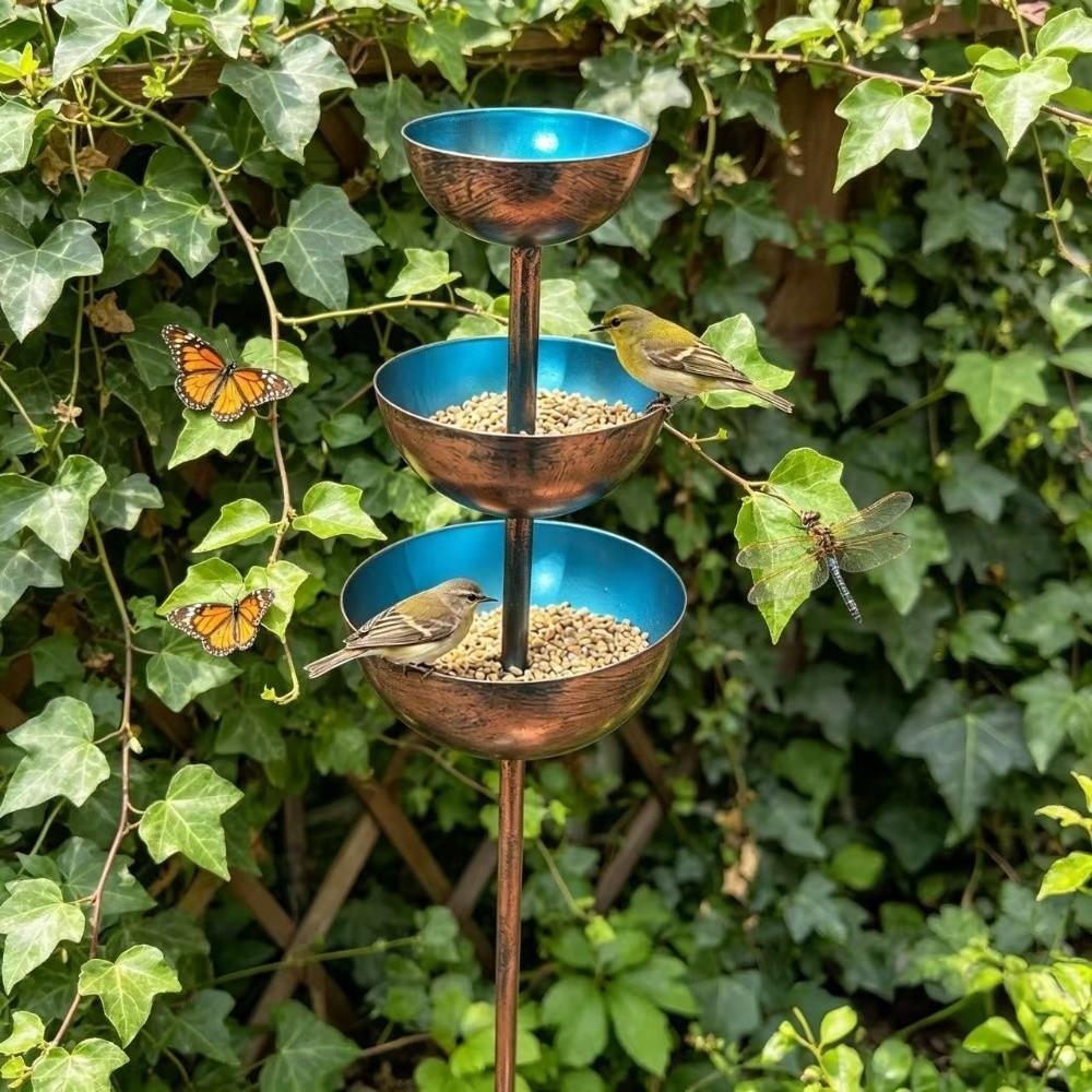 Vintage Iron 3-Tiered Bird Bath Handmade Three-layer Bowl Bird Water Bowls Decorative Garden Stake Bird Feeding Station