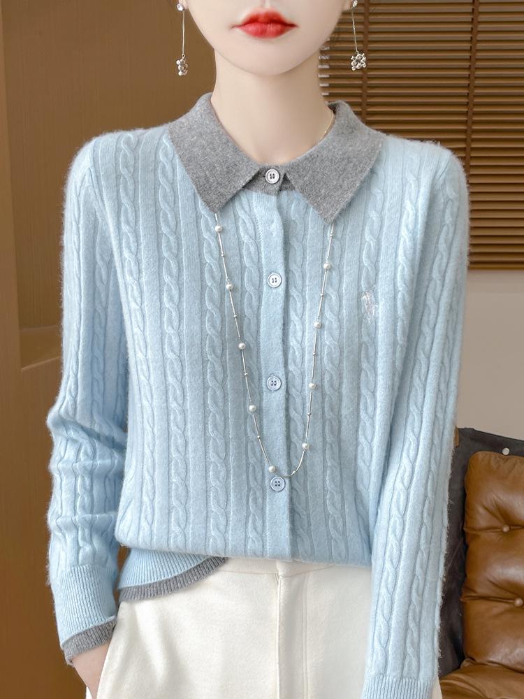 2025 Autumn/Winter Women's Pure Wool Embroidered Cable Knit Cardigan - Turn-Down Collar, Long Sleeve, Button-Up, Loose Fit Outerwear.