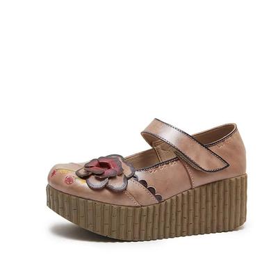 GKTINOO Scarpe Décolleté Retrò Donna Vera Pelle Velcro 2025 Nuova Primavera Punta Tonda Floreali Fatte a Mano Semplici Scarpe con Plateau