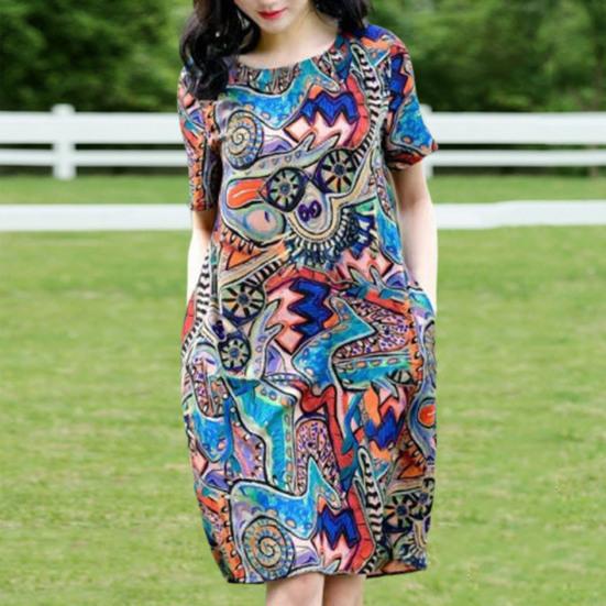 

Yousheng Женское летнее платье Красочный принт граффити с круглым вырезом и короткими рукавами Свободное платье длиной до колена с боковыми карманами Пуловер Платье миди для ежедневных покупок