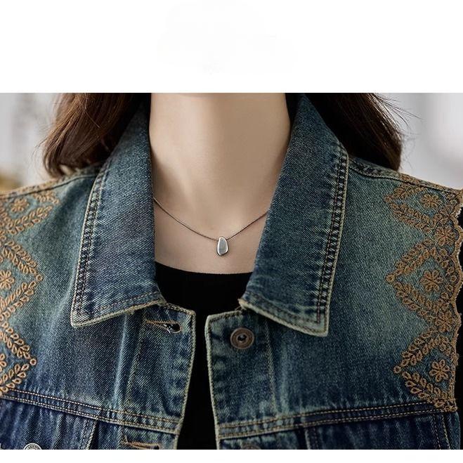 Embroidered Denim Vest Jacket for Women Spring Autumn Sleeveless Chic Short Top