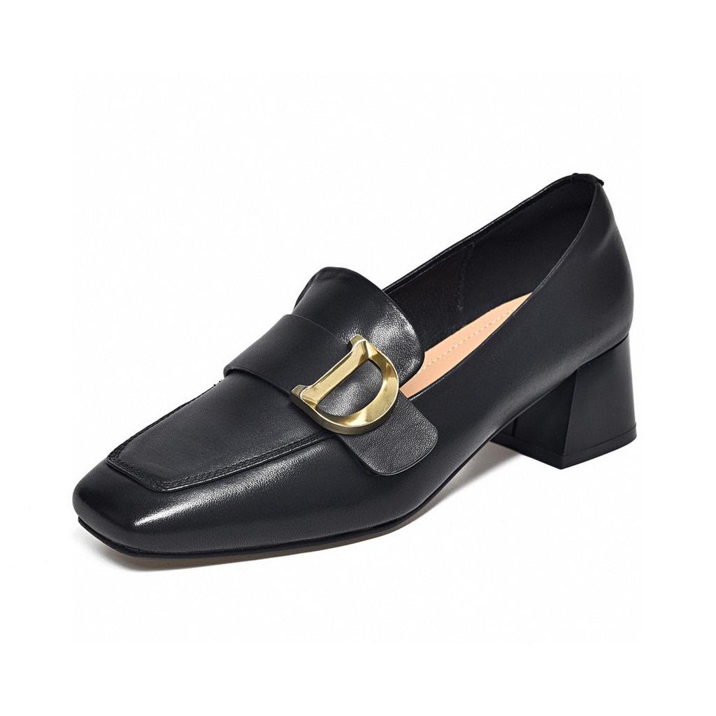 Square head high heels women's autumn new cowhide thick heel belt buckle single shoes four seasons shoes work shoes