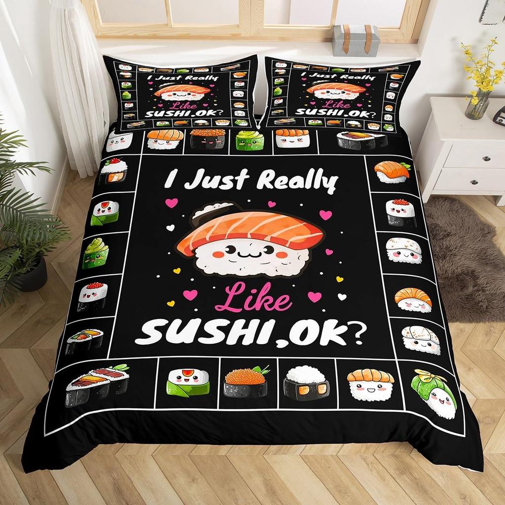 Sushi Duvet Cover Twin Japanese Cherry Blossoms Bedding Set for Girls Boys Room Decor Kawaii Sushi Japan Food Comforter Cover