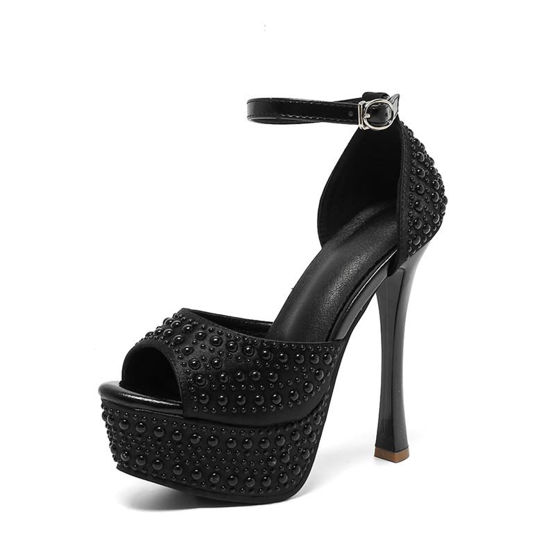 Parel Satijn Peep toe Dames Gladiator Sandalen Platform Sleehakken 14cm Hoge hakken Zomerfeest Prom Schoenen Sandalen 39 black