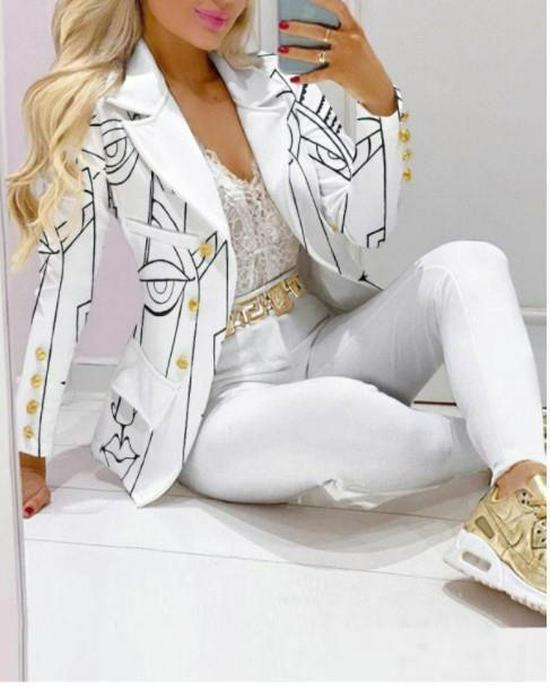 Shopify Europäischer und Amerikanischer Stil Damen Zweiteiler: Bedruckte Jacke und lange Hose