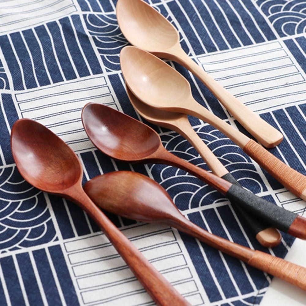 Mixing Baby Tableware with Tied Line Wooden Eating Cutlery Soup Spoons Scoop Kitchen Utensil