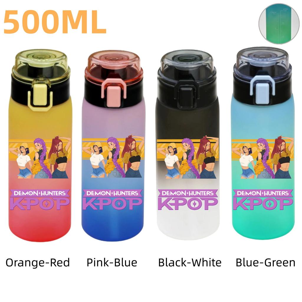 500ML KPop Demon Hunters Plastic Anime Water Cup Has Scale Travel Office Gym Hiking Portable Drink Bottles Outdoor Sport Gifts