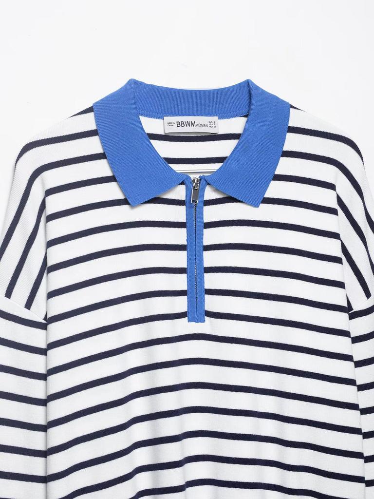 European & American Striped Zipper Knit Polo Shirt
