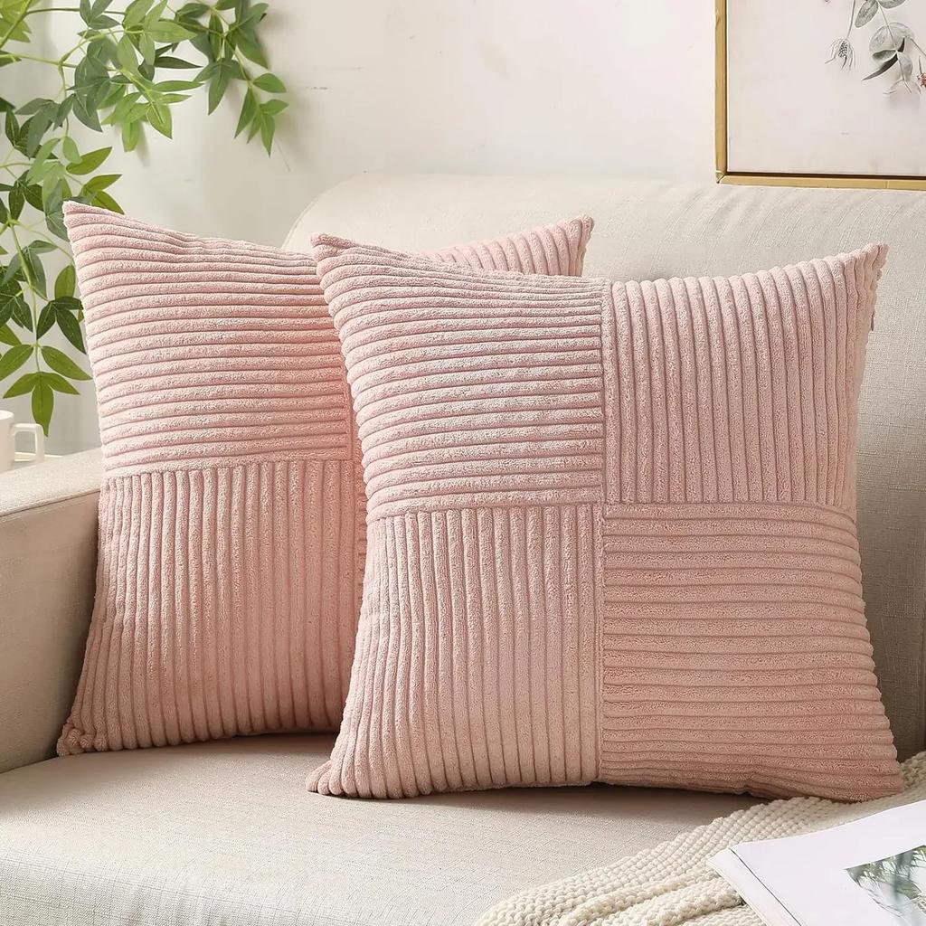 2PCS/Set Corduroy Striped Square Cushion Covers 45*45CM Soft Splicing Throw Pillow Covers for Couch Bed Chair Home Decor