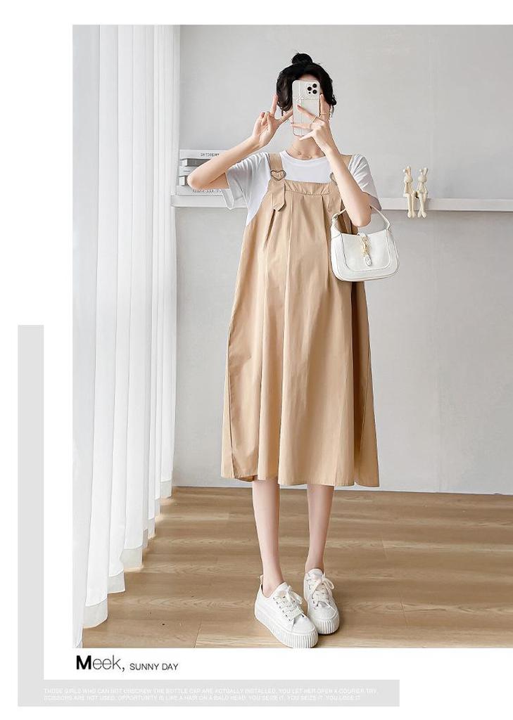 Korean Style Maternity Dress: 2026 Summer Patchwork Skirt, Faux Two-Piece Design